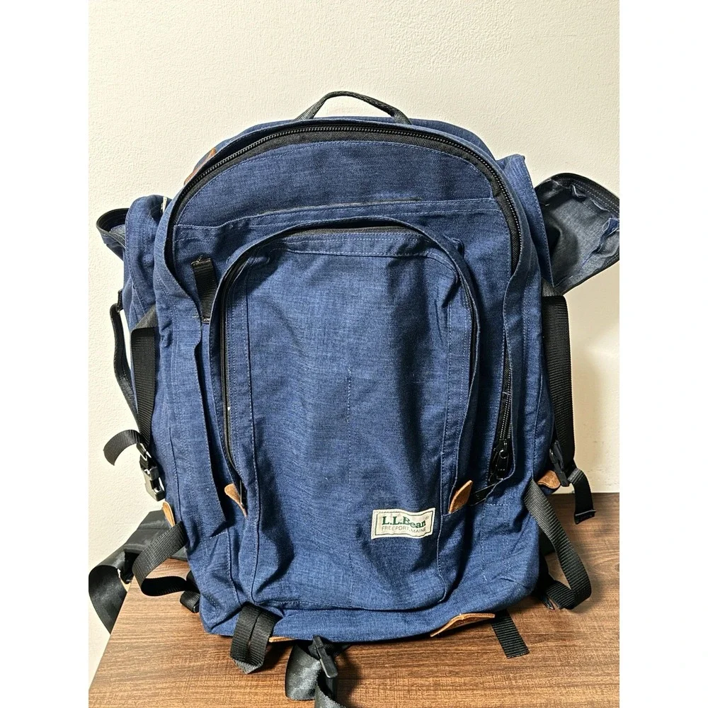 Vintage LL Bean Nylon Leather Continental Rucksack Blue Convertible Backpack